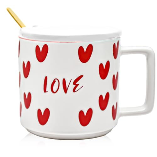 15 oz Valentine's Day Love Heart Mug with Lid and Spoon, Large Romantic Ceramic Coffee Cup, 450ml Holiday Drinkware, Valentines Christmas Birthday Gifts for Couples Her Boyfriend Girlfriend (White) | Amazon (US)