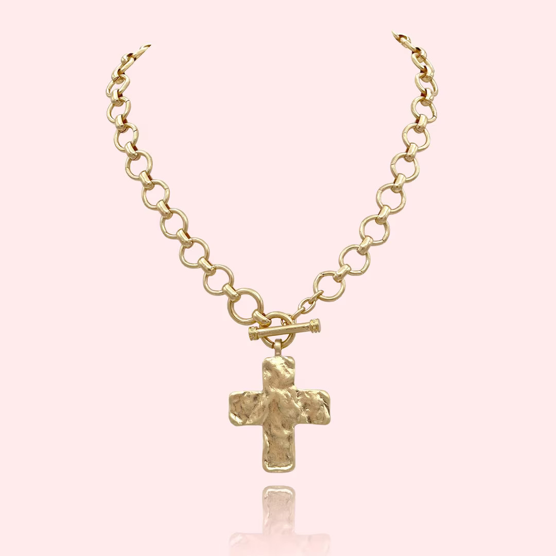 Hammered Bold Cross Necklace Thick Chain Set, Chunky Cross Statement Pendant Toggle Necklace, Han... | Etsy (US)