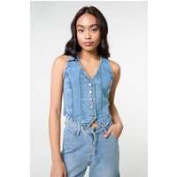 Pink Vanilla Women's Light Blue Denim Fitted Waistcoat | Size: Medium | Debenhams UK
