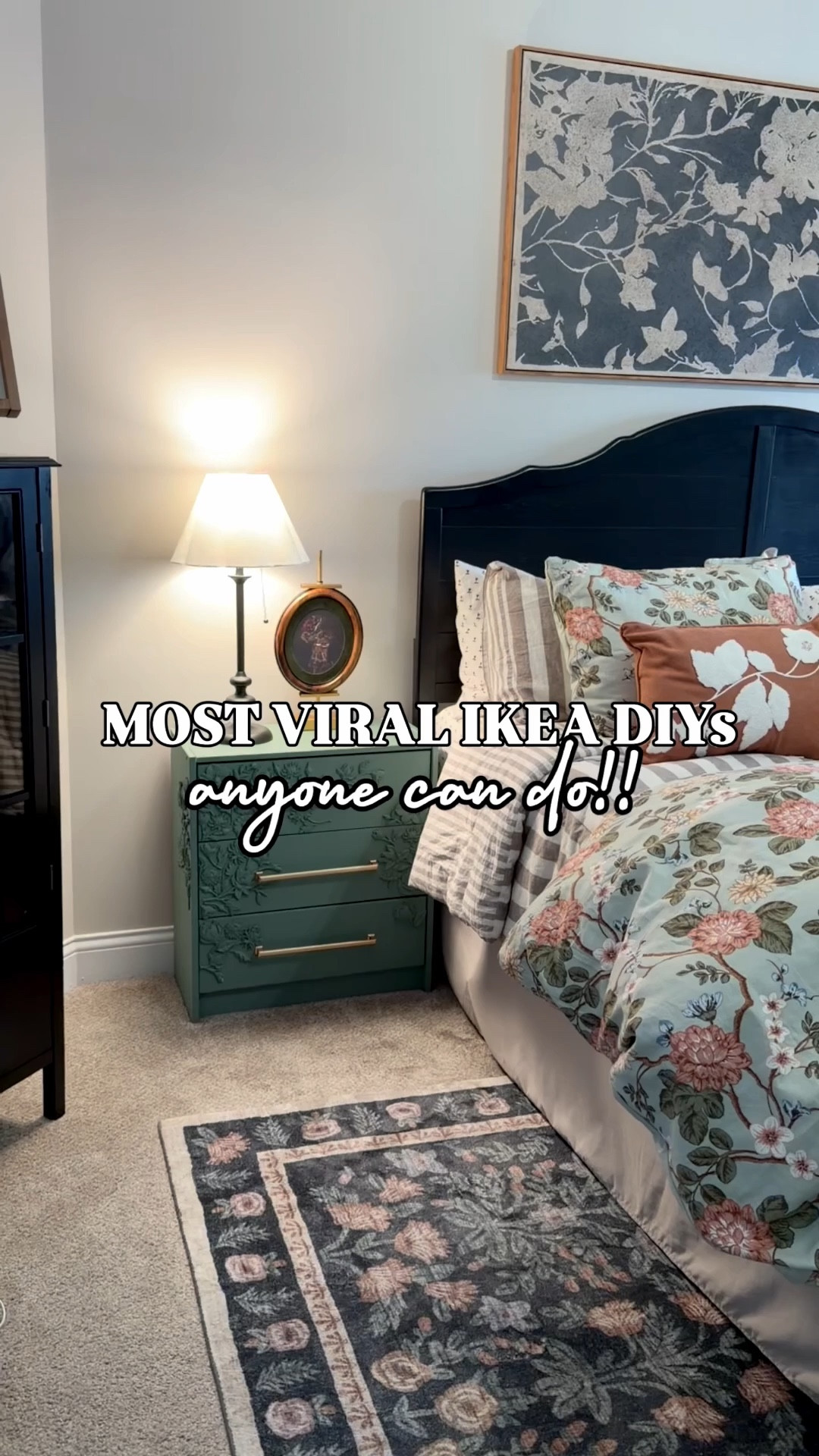 I promise, anyone can do these ikea furniture DIYs! 

- Nightstands: I put my own spin on the $$$ Anthropologie dressers by using IKEA Rast nightstands, epoxy resin + floral moulds & a little paint! I used my paint sprayer but I’ve done this project by hand with a paint brush so it’s easily done that way too! The resin epoxy is so easy to use (just mix 1:1, pour in the moulds, let dry) & the Loctite adhesive I used is super strong! Paint color: French Eggshell mixed with a tiny bit of Manor Green by Fusion Mineral Paint

- Bar: I used 3 ikea Ivar cabinets, joined by cabinet screws to make this storage cabinet/mobile bar! The casters screwed right into the cabinet base (I used ugly industrial casters bc they’d hold the weight load of liquor bottles so I painted them brass!). We previously used a cheap “project board” for the top (found at any hardware store) so for this part, we then used standard mortar you’d install any tile with for the tile top + marble floor tiles! I also added decorative trim on the top edge (above the tile) to cover the screws in the cabinet. I also added brass pulls to the cabinets & painted everything black & that’s it! Super easy!! And I cannot believe the quality of these peel & stick tiles, they look & feel so real!! Paint color: Coal Black by Fusion
- Work table storage: I used 2 ikea dressers, painted them using Fusion Mineral paint, color Manor Green & stained the top! So easy!!

***Use discount code popofcolorfmp on my fav furniture paint used in all of these projects Fusion Mineral Paint website!

#LTKHome