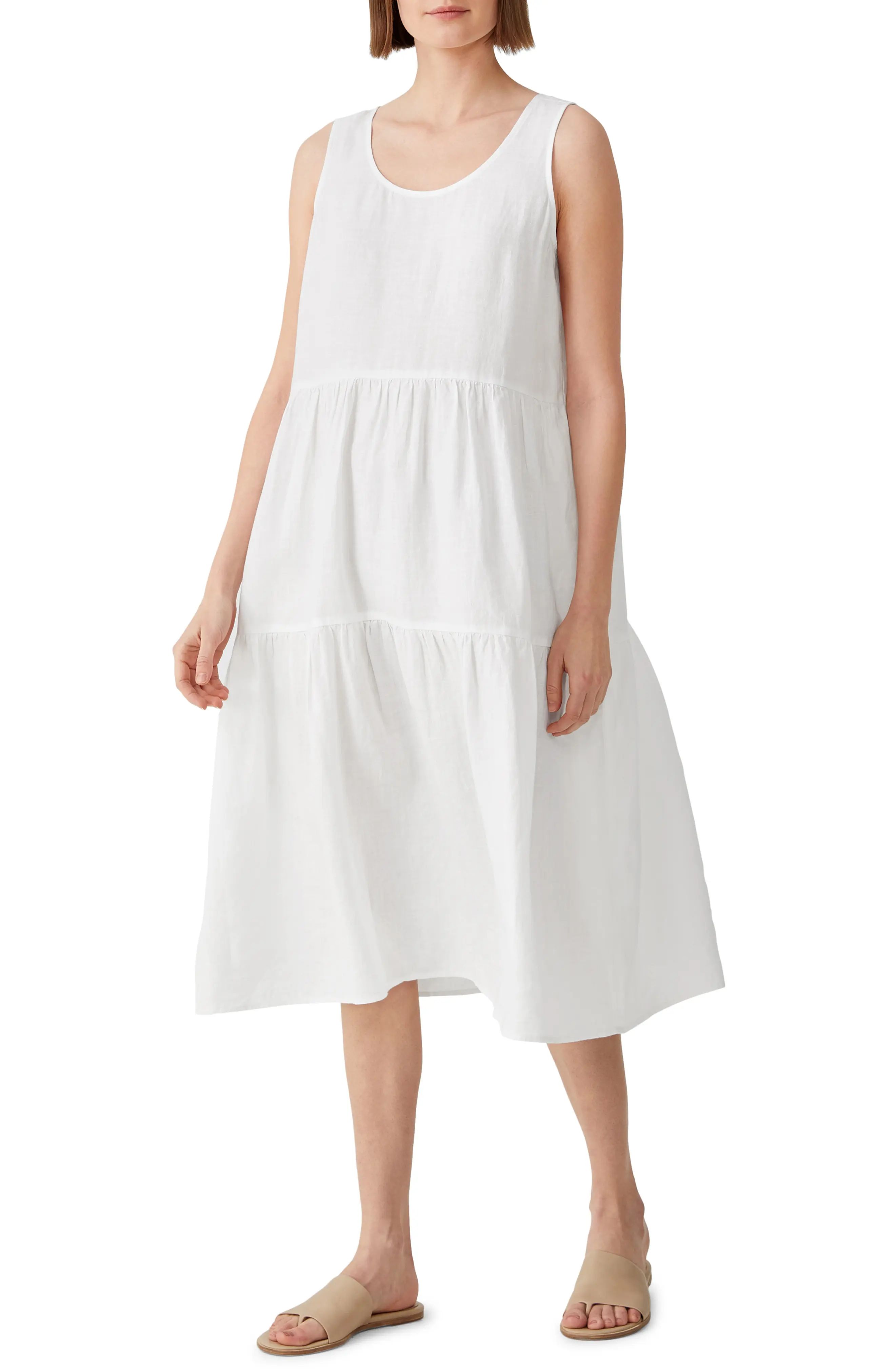 Women's Eileen Fisher Organic Linen Scoop Neck Tiered Dress, Size Medium - White | Nordstrom