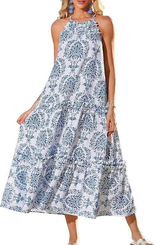 GRACE KARIN 2026 Women's Floral Halter Maxi Dress Boho Summer Beach Sundress with Tiered Ruffle S... | Amazon (US)