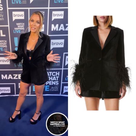 Mellencamp Moment // Get Details On Teddi Mellencamp's Black Velvet Feather Cuff Feather and Shorts on WWHL With The Link In Our Bio 📸= @bravowwhl #WWHL #TeddiMellencamp 