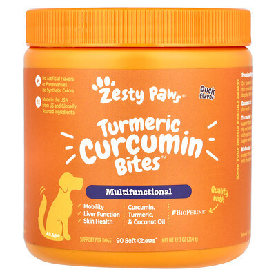 Zesty Paws, Turmeric Curcumin Bites™ for Dogs, Multifunctional, All Ages, Duck, 90 Soft Chews, 12.7 oz (360 g) | iHerb