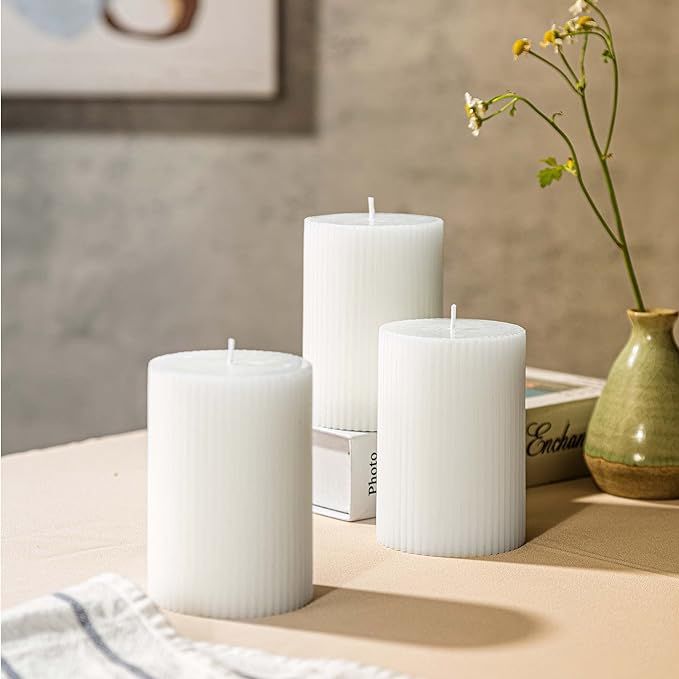 Ribbed Pillar Candles 3x4'' Unscented Modern Home Décor Handmade (3 Packs, White) | Amazon (US)