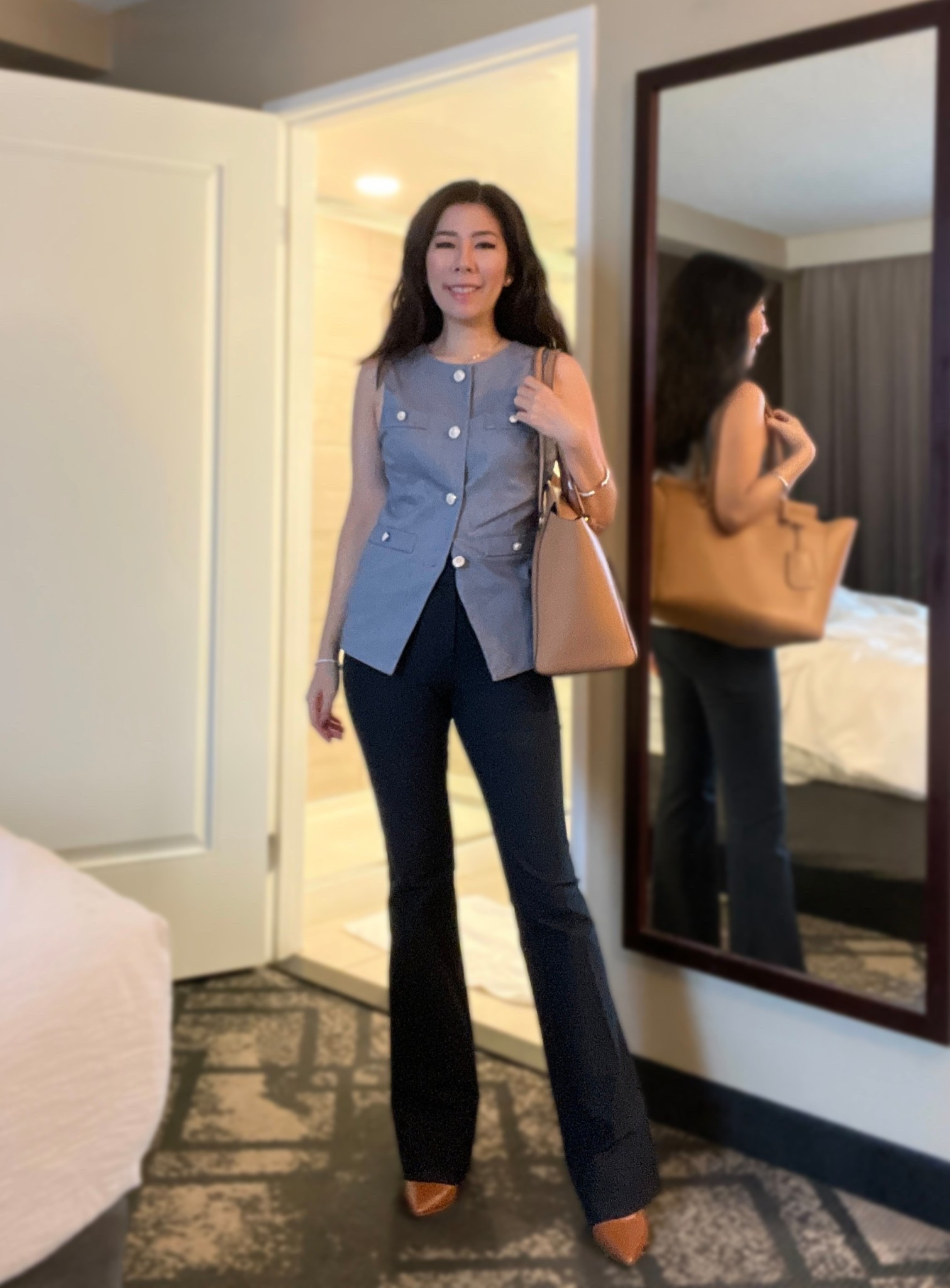 A monochromatic blue look for a cool work day! It’s finally warm enough to wear sleeveless tops to the office again! I paired this slate grey vest that has silver buttons running down the middle with my midnight blue high waisted trousers. These are the most flattering pair of trousers I own that hug my legs in all the right places and makes my behind look a little more perky! Don’t worry, they’re still professional and do not raise any HR violations! Instead of opting for a completely monochromatic head to toe outfit, I broke it up with cognac colored accessories.

#monochromaticoutfit #allblueoutfit #veststyle #trousers #oldmoney #businesscasual #workwear #corporatestyle

#LTKPetite #LTKWorkwear #LTKootd