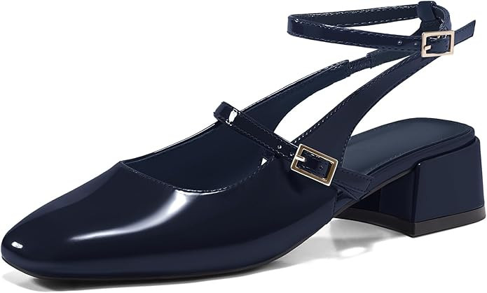 Coutgo Womens Mary Jane Chunky Low Heels Closed Square Toe Ankle Strap Pumps Wedding Party Dress ... | Amazon (US)