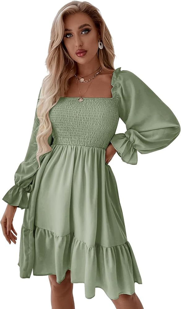 SheIn Women's Shirred Ruffle Long Sleeve Mini Dress Square Neck Flowy A Line Short Dresses | Amazon (US)