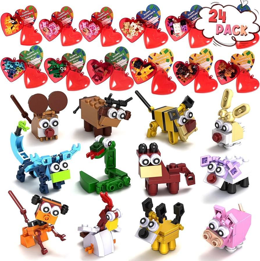 SUGFUT 24 Packs Valentines Day Gifts for Kids Classroom Hearts with Animal Building Blocks with V... | Amazon (US)