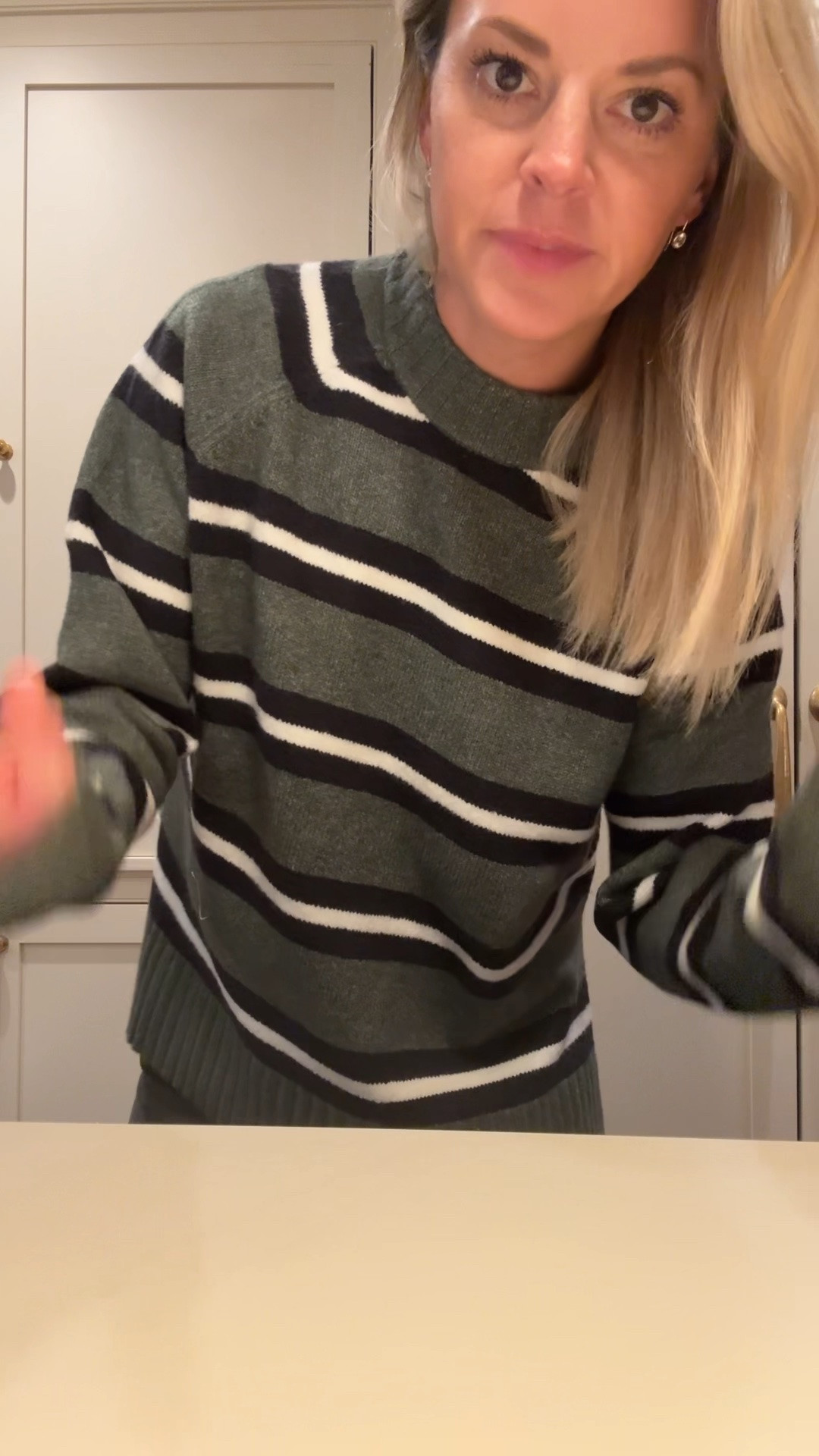 mid week dinner look. this stripe sweater is super cozy, not itchy and under $100. I sized up to the medium and glad I did for a more relaxed fit.