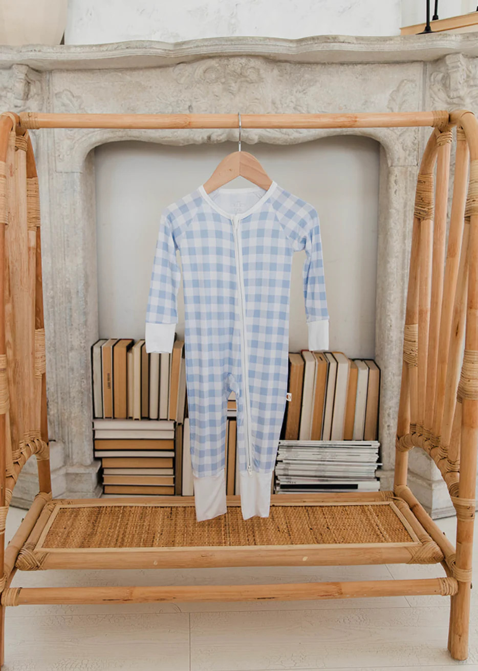 Cute Baby Loungewear Romper – Blue Gingham Print | Ollie's Day