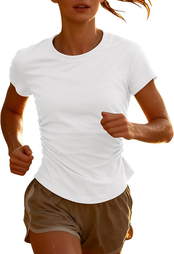 Womens Side Ruching T Shirts Short Sleeve Crewneck Fitted Top Set Gym Workouts Yoga Casual Tee | Amazon (US)