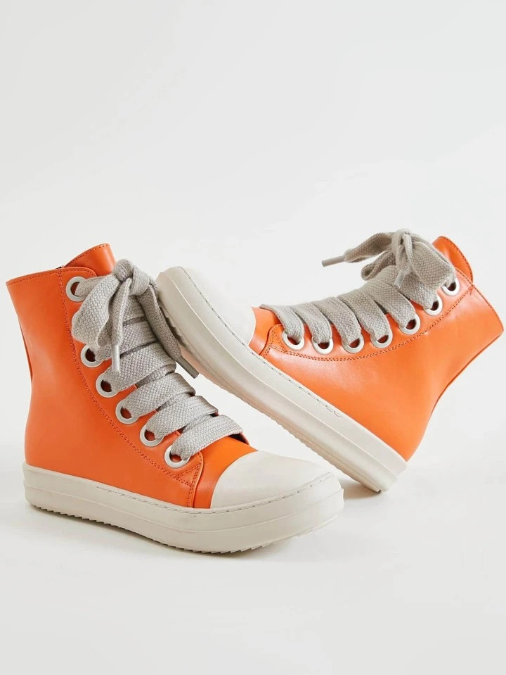 Sporty Skate Shoes For Women, Orange High-top Lace-up Front Outdoor Sneakers | SHEIN