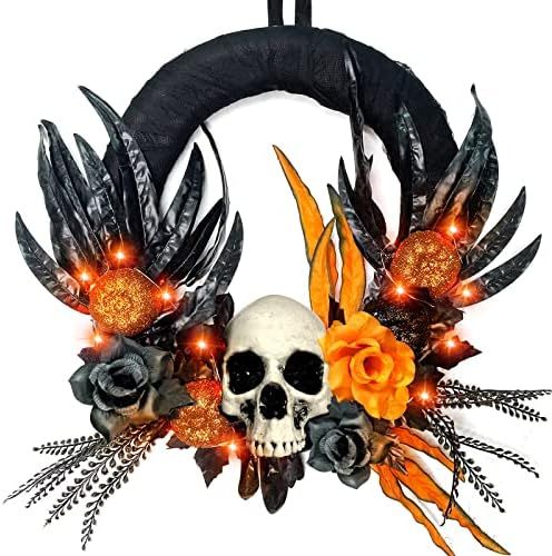 TURNMEON 16 Inch Prelit Halloween Skull Wreath Decoration, Orange Lights 20 LED Battery Operated ... | Amazon (US)