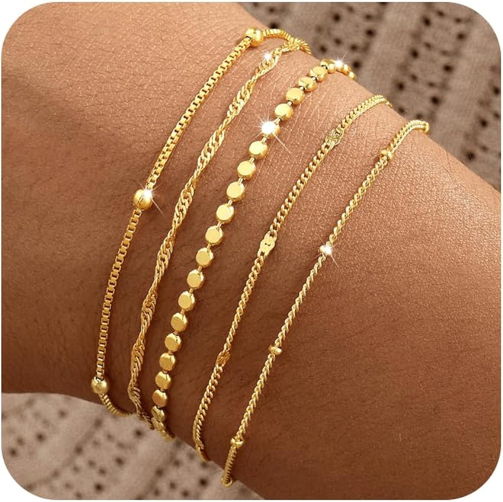 Gold Bracelets for Women, 14K Gold Plated Stackable Bracelet Stack Set Adjustable Charm Paperclip... | Amazon (US)