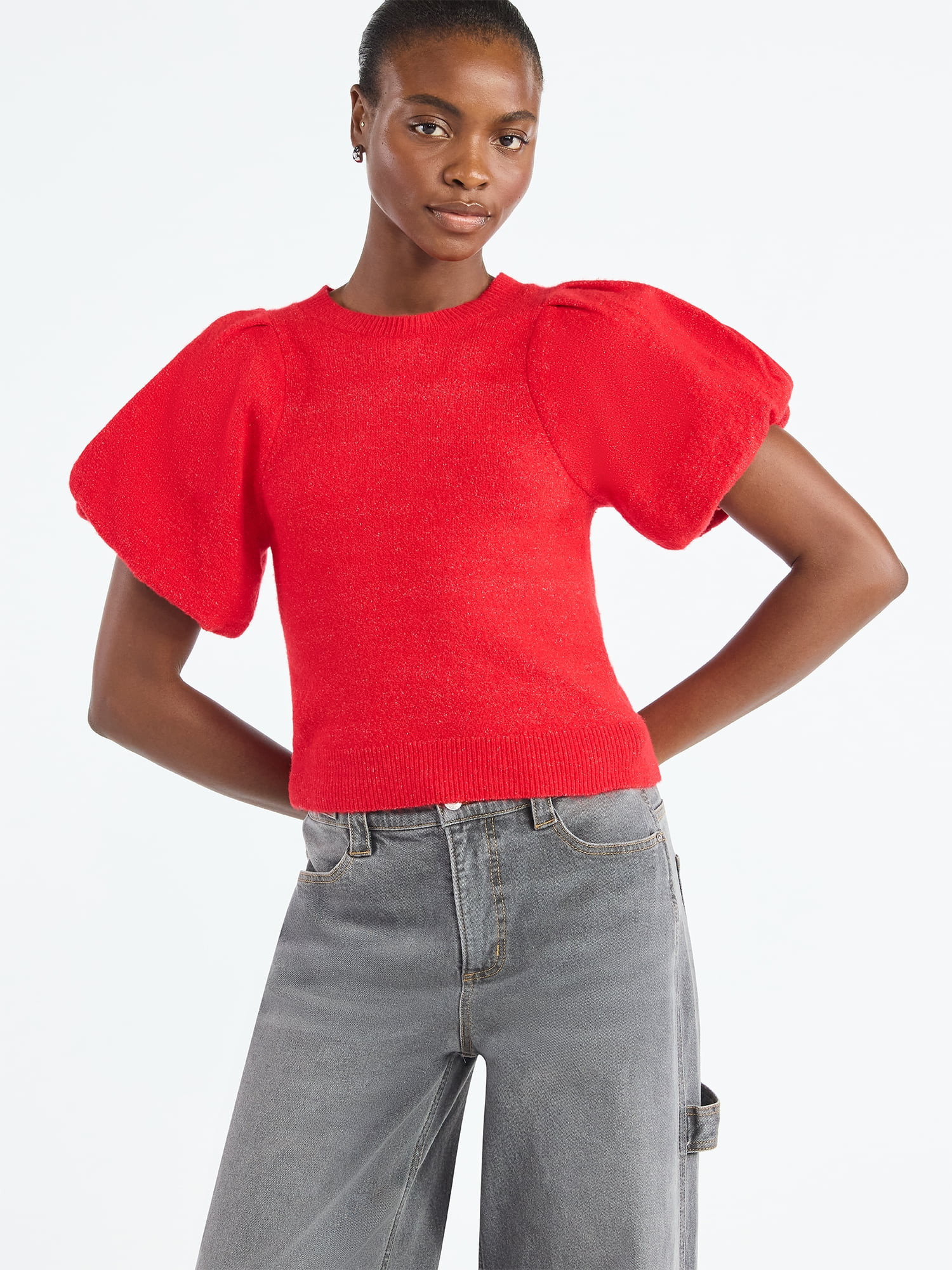 Scoop Women's and Women's Plus Sweater Top with Puff Sleeves, Lightweight, Sizes XS-4X - Walmart.... | Walmart (US)