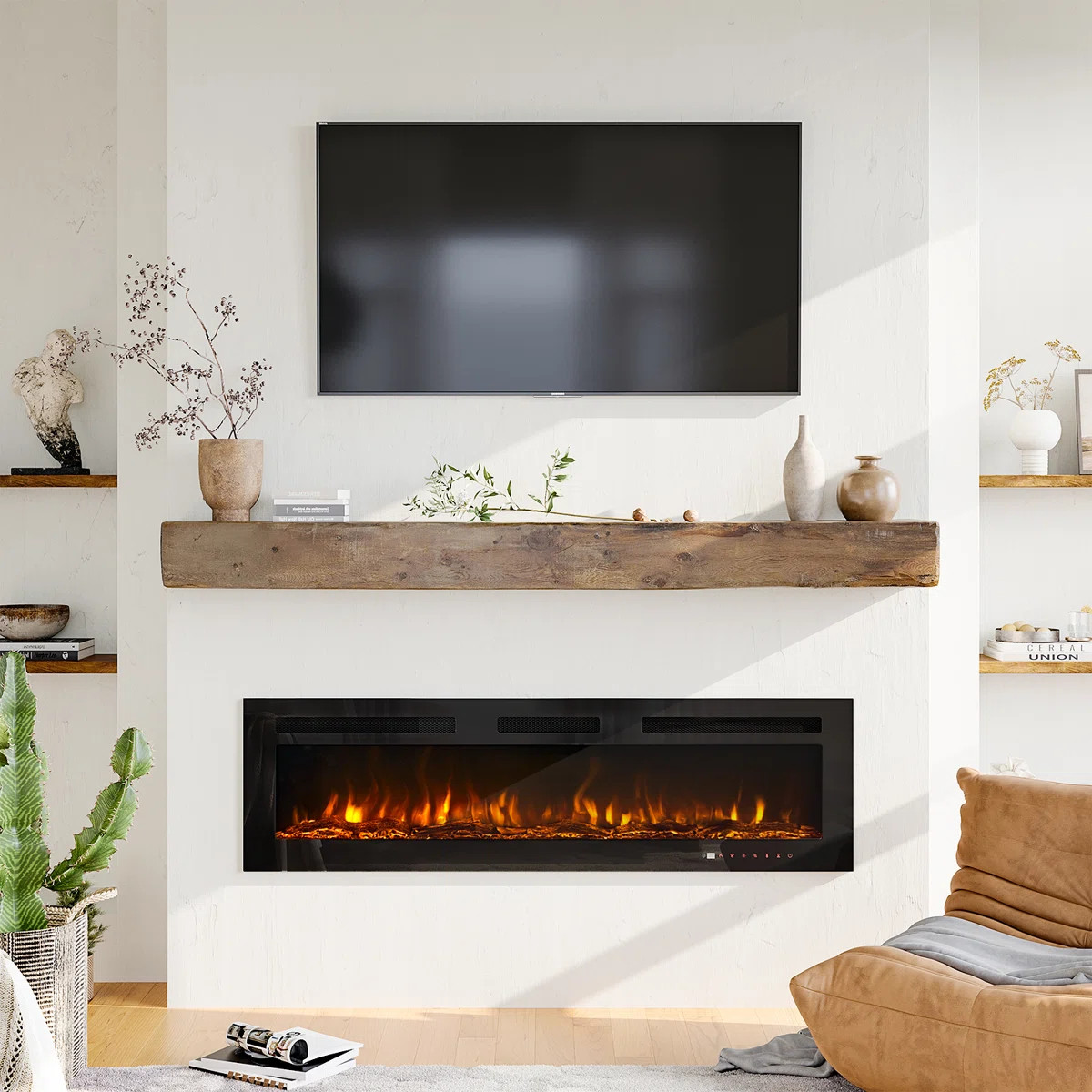 Symple Stuff Ultra-thin Electric Fireplace, Recessed & Wall Mounted Heater, Crystal Stone & Log, ... | Wayfair North America