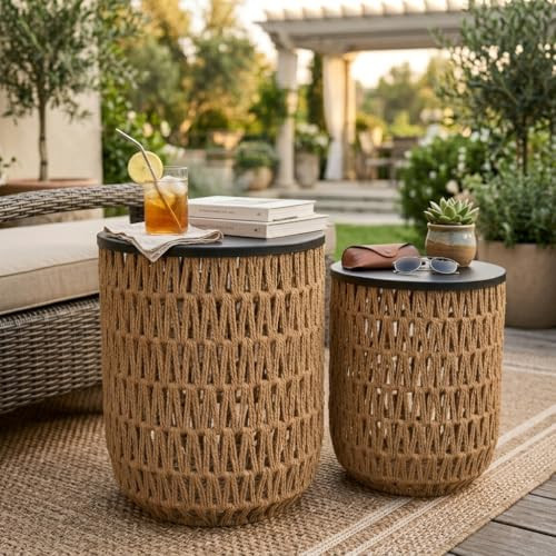 HMVPL Outdoor Side Tables for Patio, 2-Pack Round End Table with Woven Rattan Basket, 2-Size Patio Side Table Nesting Table for Outside,Boho Small Accent Bistro Table for Backyard Balcony Gazebo Party | Amazon (US)