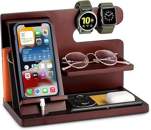 OUTXE Gifts for Men Wood Phone Docking Station for him Nightstand Organizer Cell Phone Stand Desk... | Amazon (US)