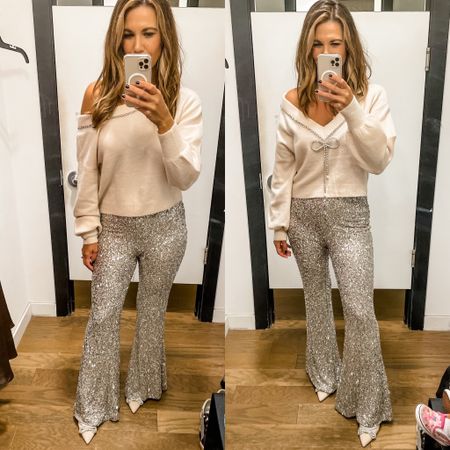 Loving these holiday pieces from Express! This gorgeous off shoulder sweater is so fun (the back has the rhinestone bow but I seriously think you could wear it in the front!!).  Sized down 1 size to XS in both the pants and sweater .  And these bow sparkle heels are fabulous! Run TTS

#LTKshoecrush #LTKstyletip #LTKHoliday