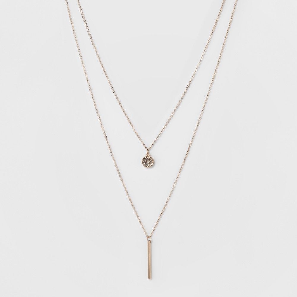 Pave Circle and Thin Bar Two Row Short Necklace - A New Day Rose Gold/Clear | Target