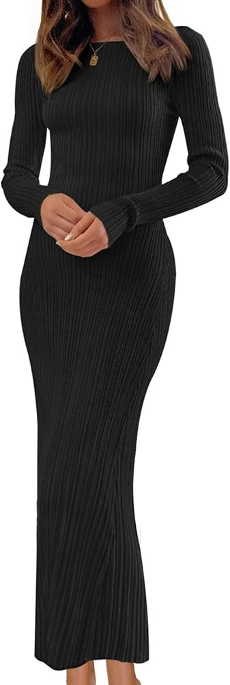 MEROKEETY Women's 2024 Long Sleeve Bodycon Sweater Dress Fall Crew Neck Ribbed Knit Maxi Dresses | Amazon (US)