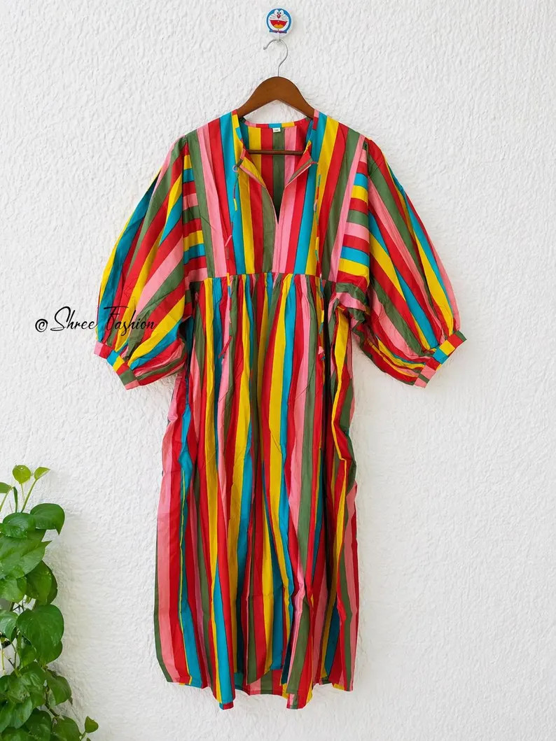 Colorful Stripe Midi Dress Puff Sleeve 100% Cotton Kyra Boho Dress Rainbow Striped Dress Loose Fi... | Etsy (Global)