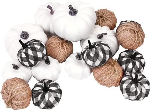 18 Pcs Pumpkin Decor, Foam Artificial Pumpkins Burlap Grid White Pumpkins for Halloween Autumn We... | Amazon (US)