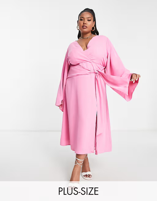 Pretty Lavish Curve knot front plunge midaxi dress in pink | ASOS (Global)