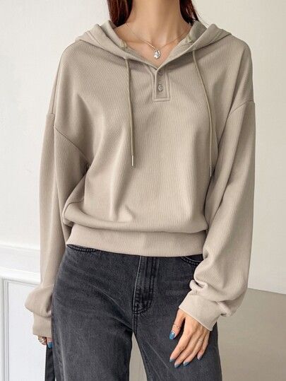 DAZY Half Button Drop Shoulder Drawstring Hoodie
   SKU: sw2206089669641017   New     US$19.00   ... | SHEIN