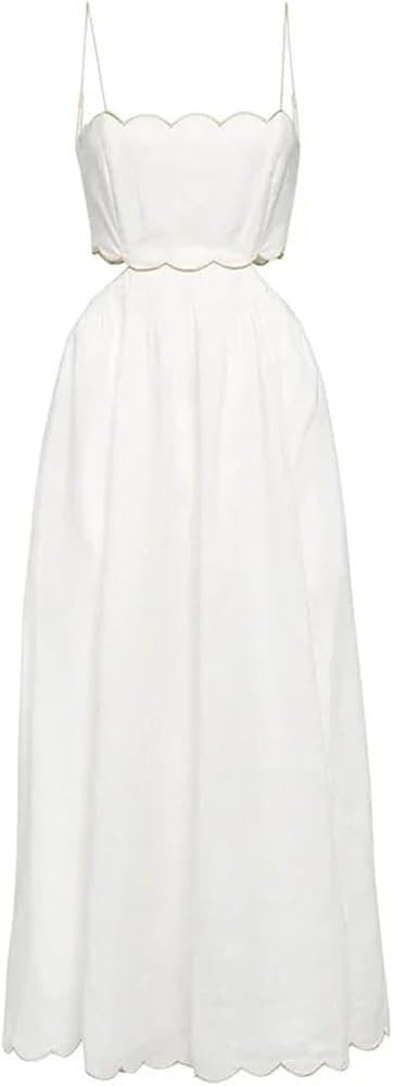 Women's Simple Slim Sleeveless Dress Jacquard Printed Wide Lapel Spaghetti Strap Party Dress | Amazon (US)