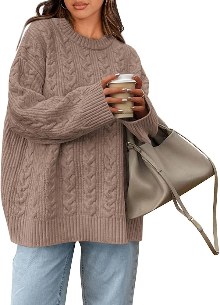Okiwam Women's Oversized Sweaters Crewneck Cable Knit Pullover Casual Loose Fall Outfits Fashion ... | Amazon (US)