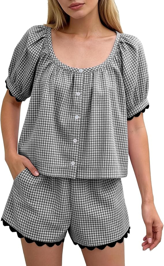 Womens Gingham Two Piece Sets Summer Short Set Outfit Cotton Puff Sleeve Crop Top Plaid Bottom Ma... | Amazon (US)