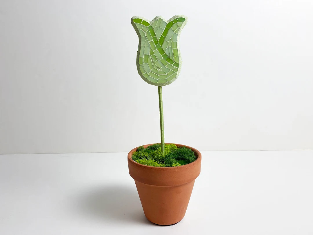 Green Mosaic Stained Glass Tulip Flower Pot Desk Shelf Coffee Table Decor Gardener Mothers Day Ea... | Etsy (US)