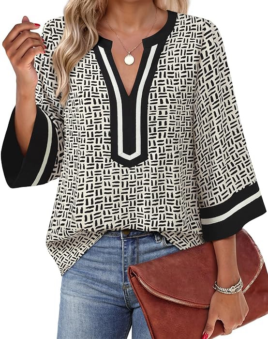 VALOLIA Womens Blouses Dressy Casual 3/4 Sleeve V Neck Loose Fit Tunic Tops | Amazon (US)