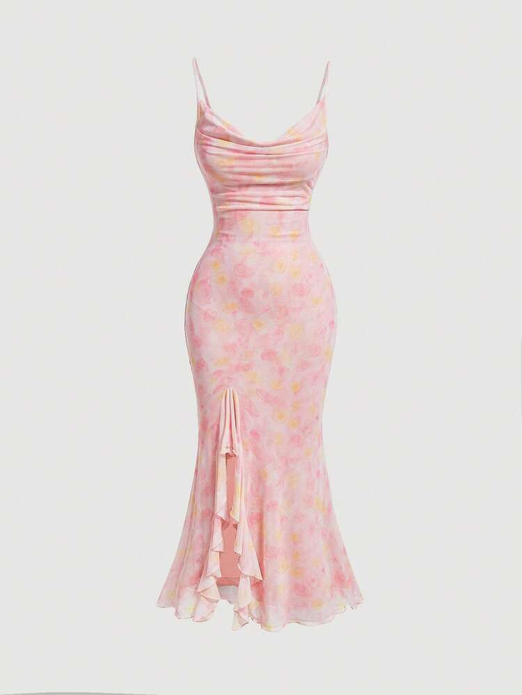 SHEIN MOD Damen Romantisches Rosa Blumen Farbverlauf Kleid Für Frühlingsoutfit | SHEIN