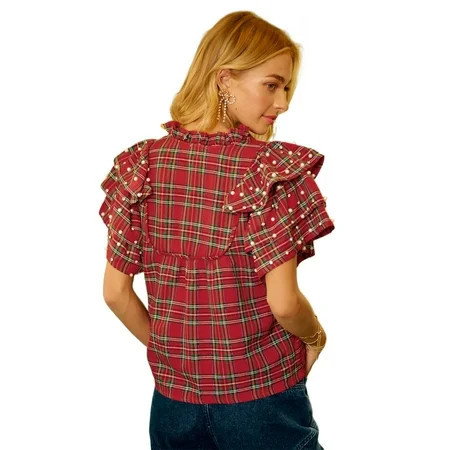 Women's Red Plaid Ruffle Short Sleeve Blouse with Pearl Embellishments – Casual Daily Wear for Festive Occasions | XL | Walmart (US)