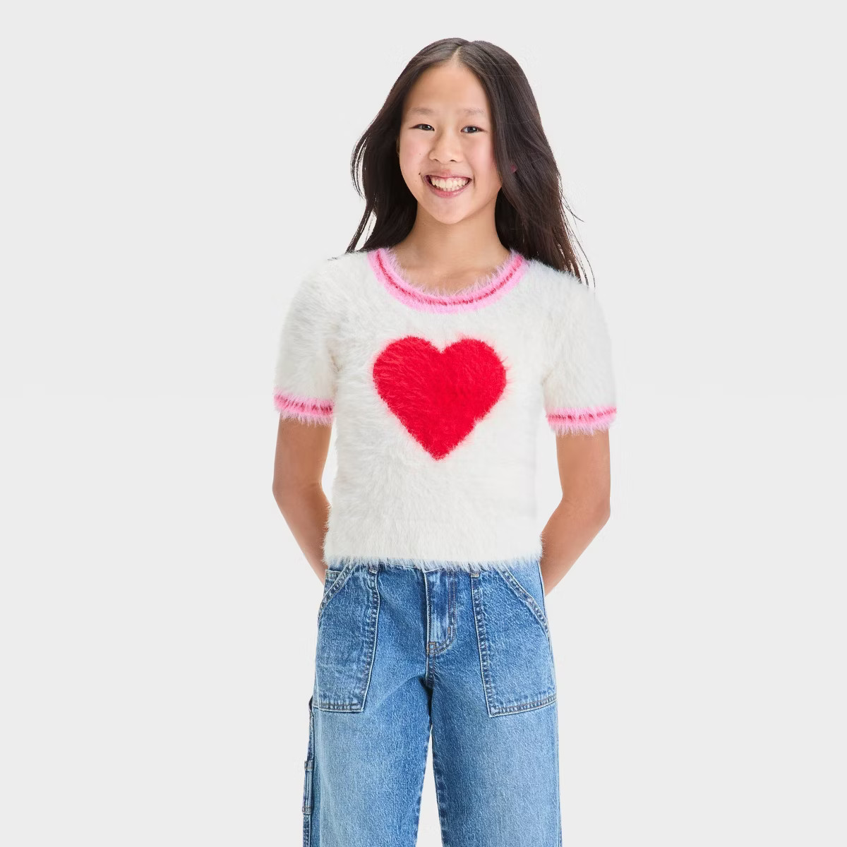 Girls' Fuzzy Heart Pullover Sweater - art class™ Ivory | Target
