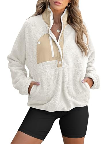 ANRABESS Women Fuzzy Fleece Pullover Sherpa Sweatshirt Long Sleeve Button Down Warm Soft Color Block Jackets with Pockets Cream White Small | Amazon (US)
