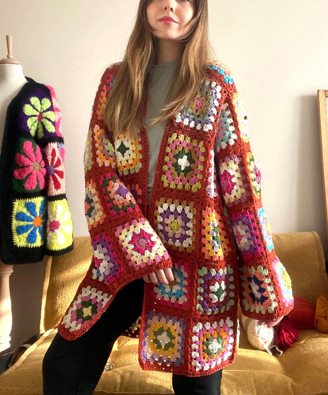 Granny Square Cardigan, Crochet Cardigan, Multicolored Midi Length Jacket, Brick Red Base Boho Ca... | Etsy (US)