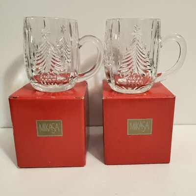 Mikasa Crystal Christmas Tree Holiday Heavy Etched Glass Mugs ~ Set of 2 In Box  | eBay | eBay US