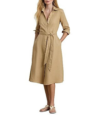 Lauren Ralph Lauren Petite Size Linen Point Collar Neckline Long Button Cuff Sleeves Belted Midi Shirt Dress - 8P | Dillard's