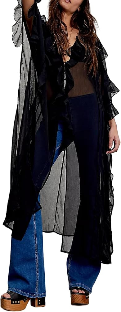 NUFIWI Women Frill Sheer Kimono Half Sleeve Ruffle Top See Through Flowy Blouse Shirt Side Split ... | Amazon (US)