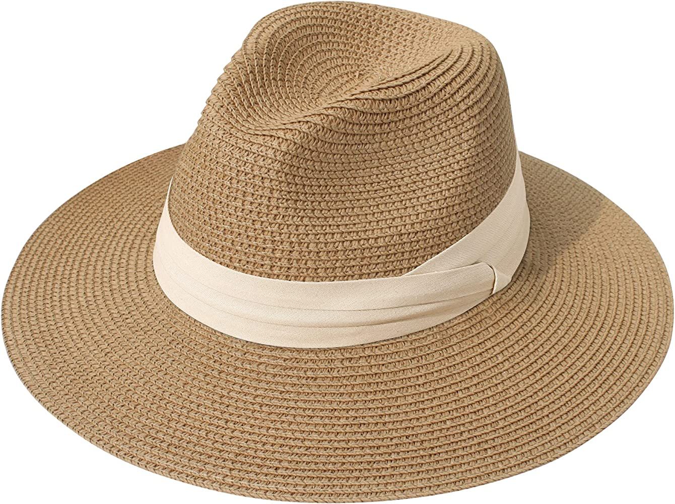 Lanzom Women Wide Brim Straw Panama Roll up Hat Belt Buckle Fedora Beach Sun Hat UPF50+ | Amazon (US)