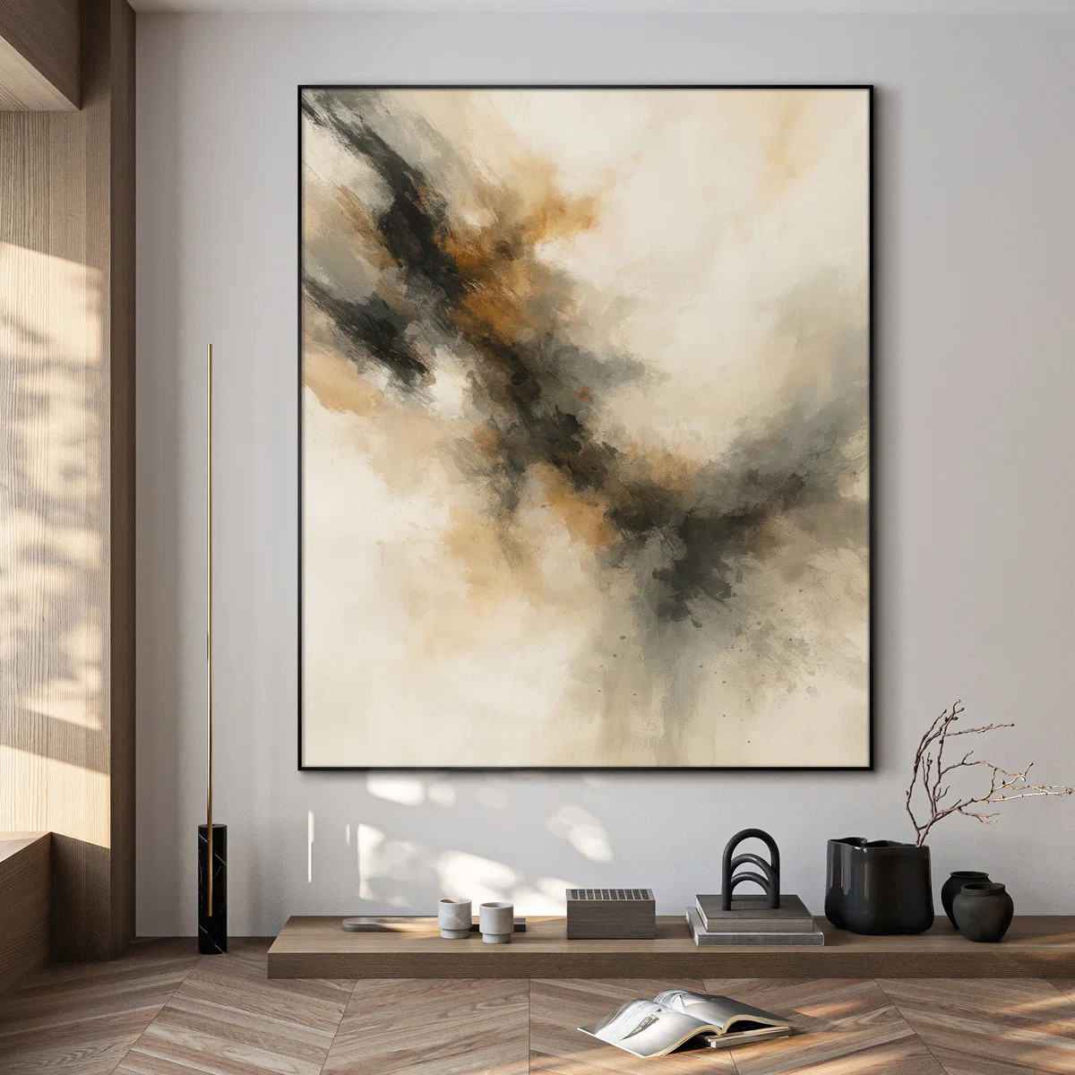 Extra Large Wall Art Fabric Print - Soft Neutral Abstract with Black and Amber Burst Artwork Deco... | Wayfair North America