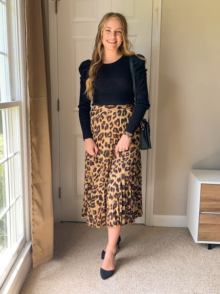 Cute fall work outfit idea!! This leopard print pleated midi skirt is so adorable along with the puff sleeve black sweater top, and black pointed heels!! Date night outfit! More fall outfits on my page! 

#LTKunder50 #LTKworkwear #LTKwedding