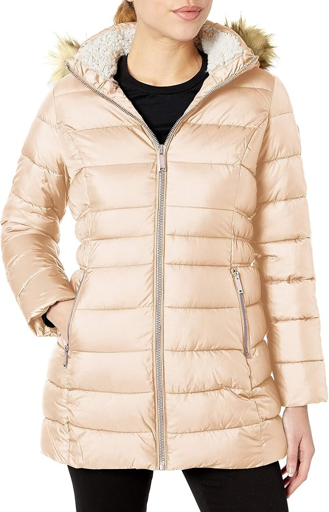 HFX Women's 3/4 Puffer with Faux Fur Hood and Cinched Sides | Amazon (US)