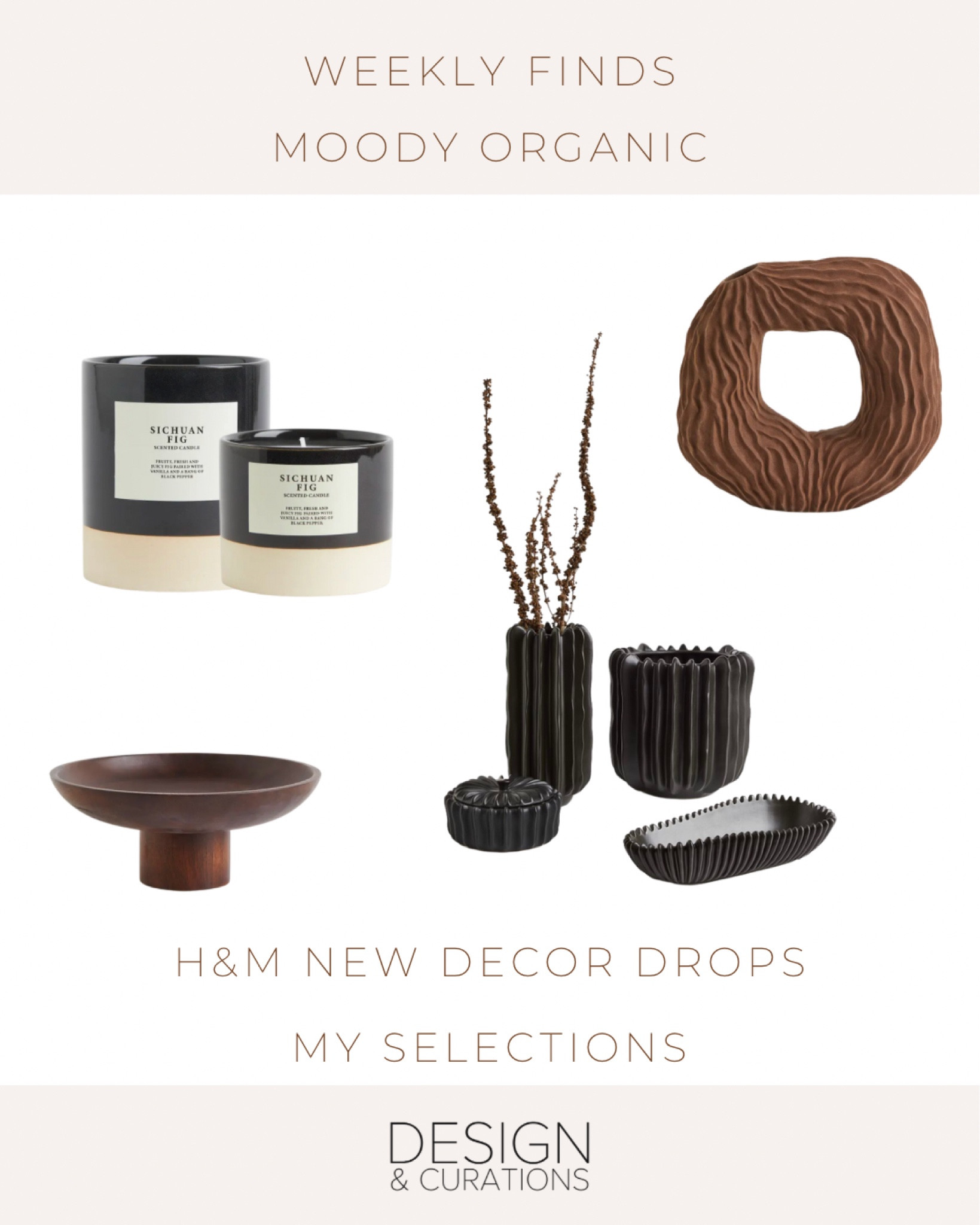 H&M Home decor selections, dark tones, moody organic bowl, candle, vase options. Modern decor. 

#LTKhome #LTKFind