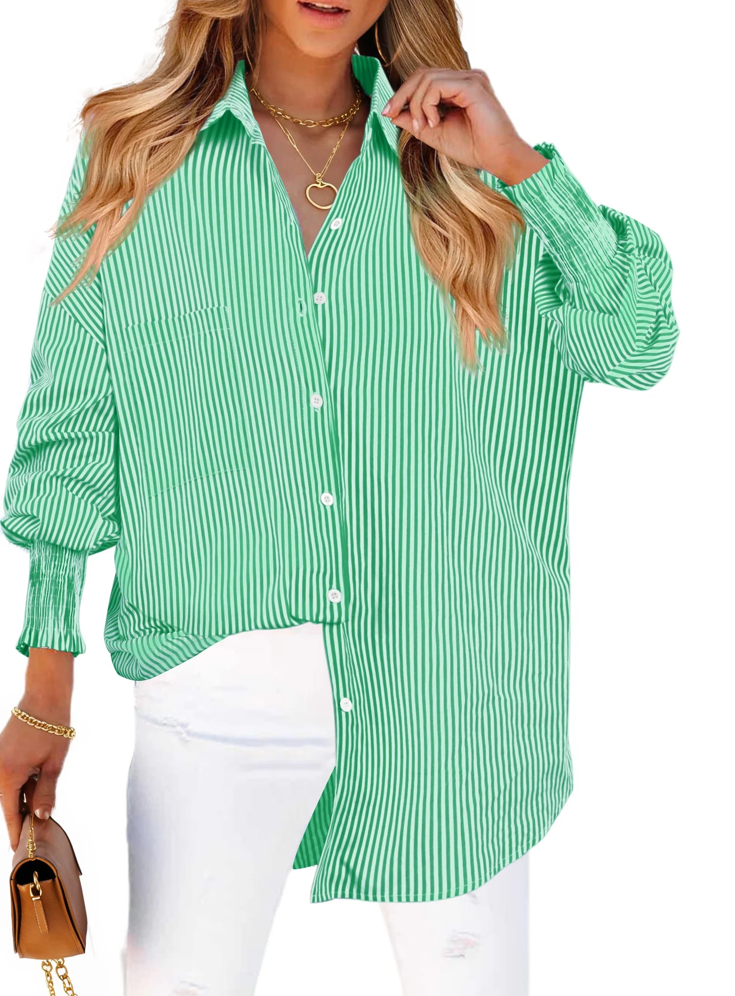 Fantaslook Striped Button Down Shirts for Women Smocked Cuffed Trendy Blouse Causal Long Sleeve T... | Walmart (US)