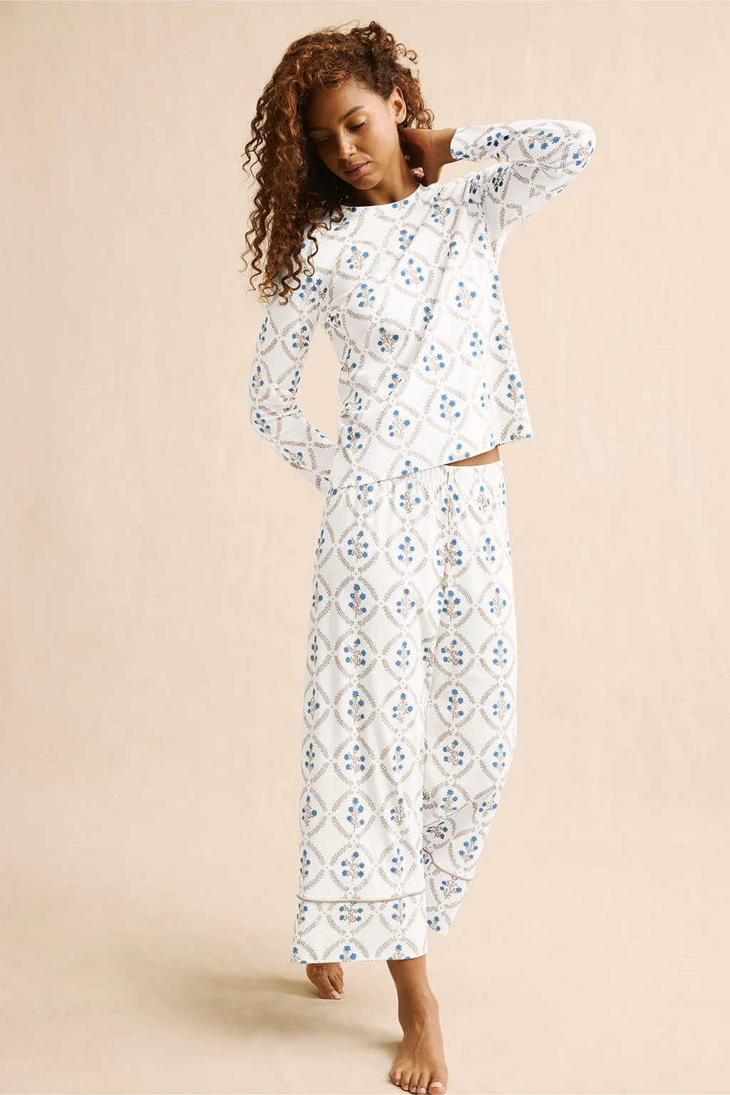 Pima Crew Long Sleeve Wide Leg Pajama Set in Sandstone Wreath | Lake Pajamas